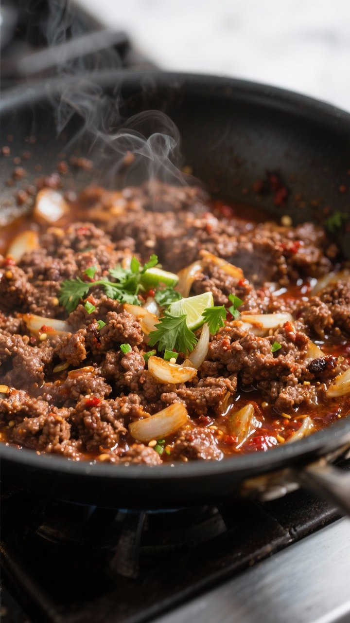 Cooking process close-up: Ground beef sizzling in a wide skillet just after spices have bloomed, sho