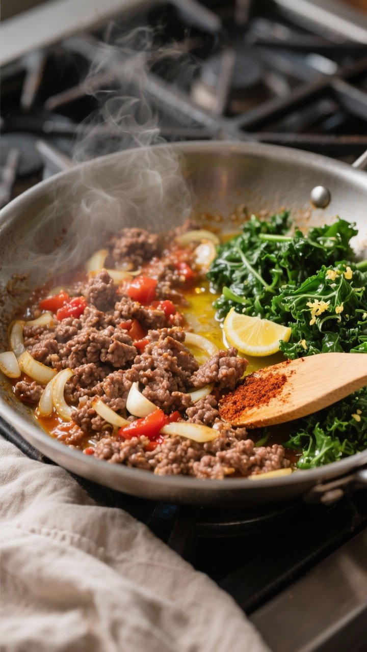 Cooking process close-up: Ground beef sizzling in a wide stainless skillet with sautéed onions and