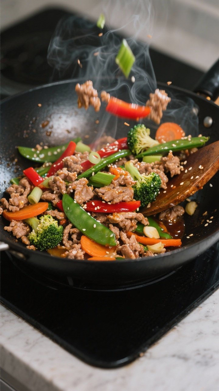 Cooking process close-up: Ground turkey stir fry sizzling in a black carbon-steel wok over medium-hi