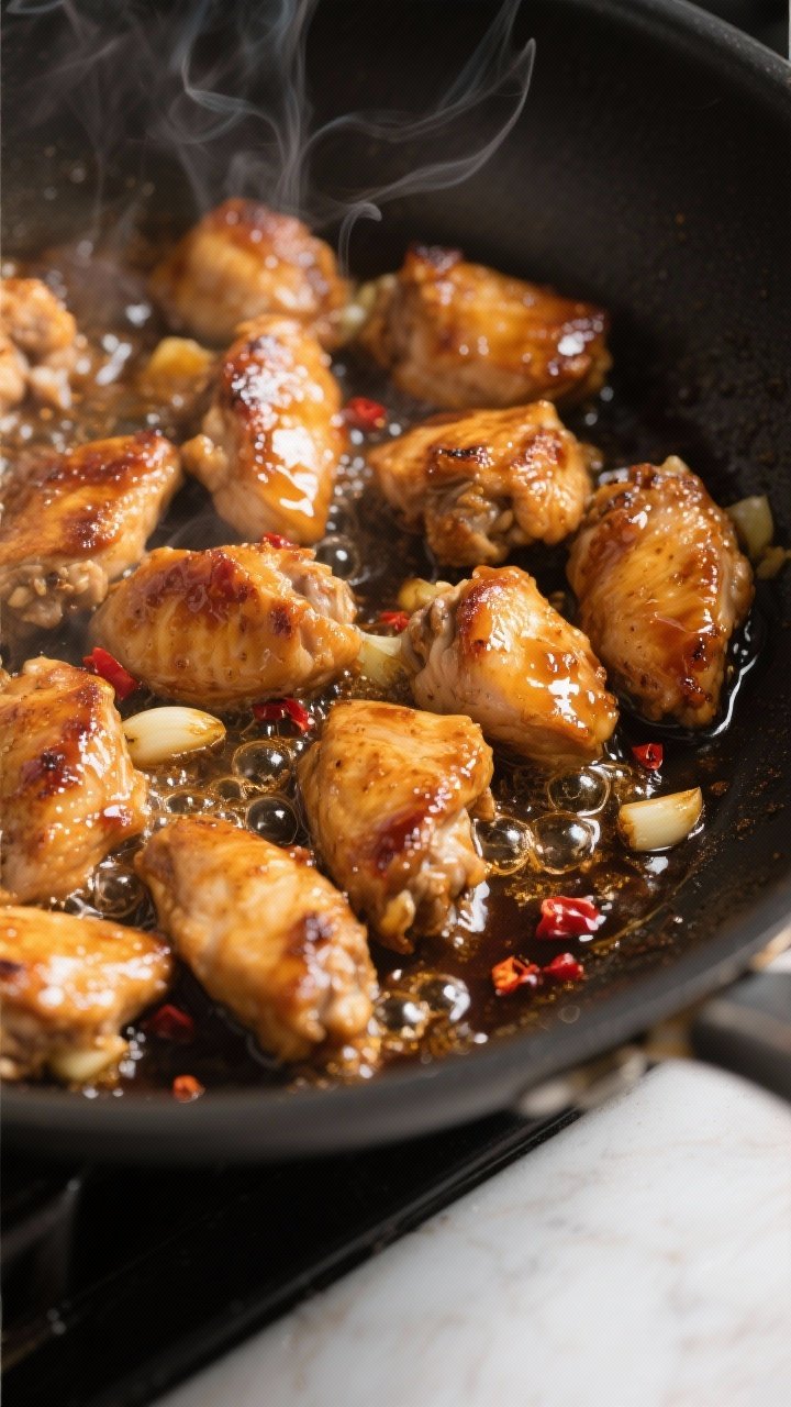 Cooking process close-up: Honey garlic chicken sizzling in a large skillet, bite-size thigh pieces s