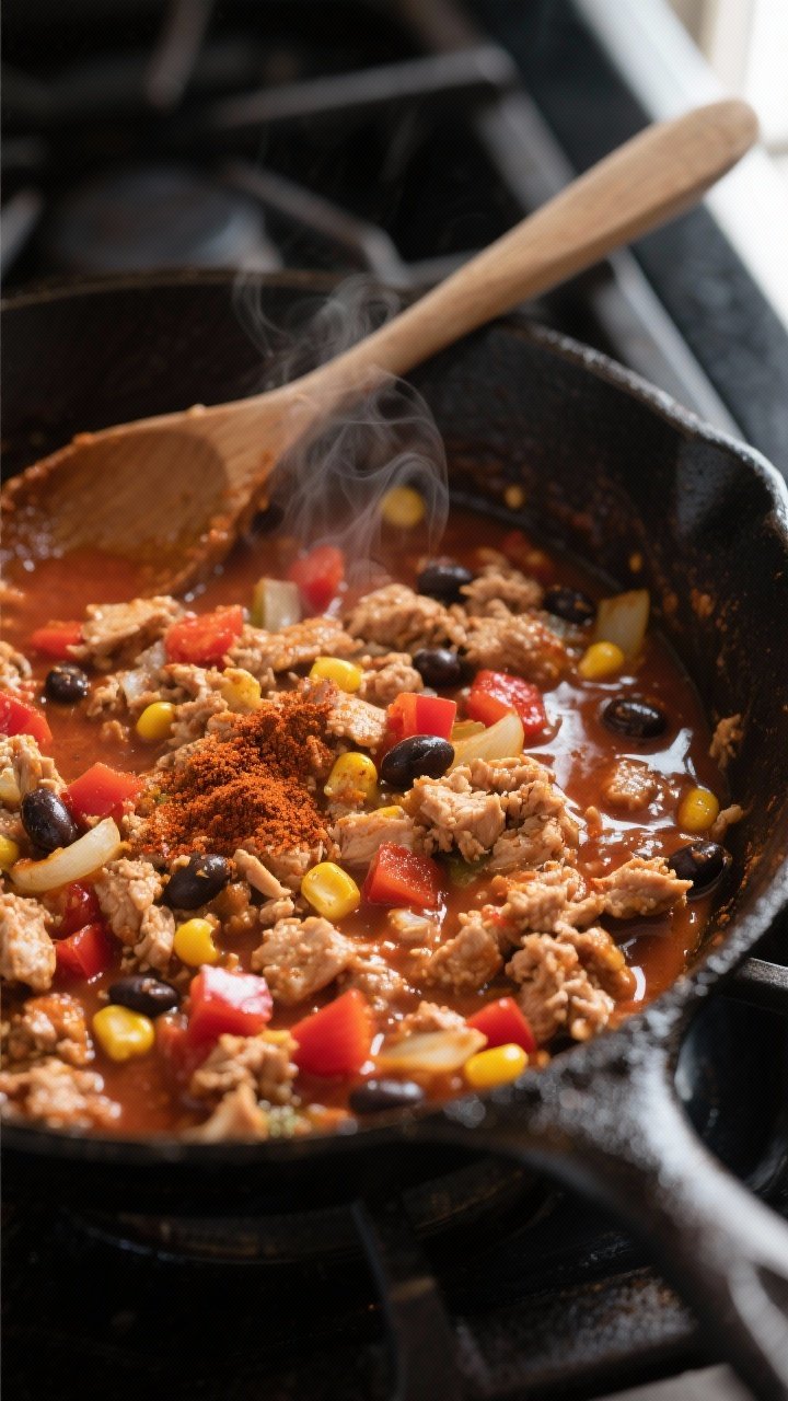 Cooking process close-up: In a cast-iron skillet, the cooked Southwest chicken filling is simmering