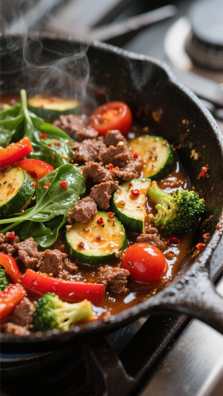 Cooking process, close-up: In-skillet action shot of the one-pan veggie & lean beef skillet mid-simm