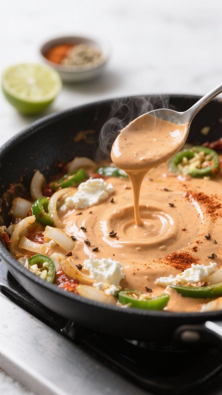 Cooking process close-up: In-skillet moment of the creamy enchilada sauce just after spices are bloo