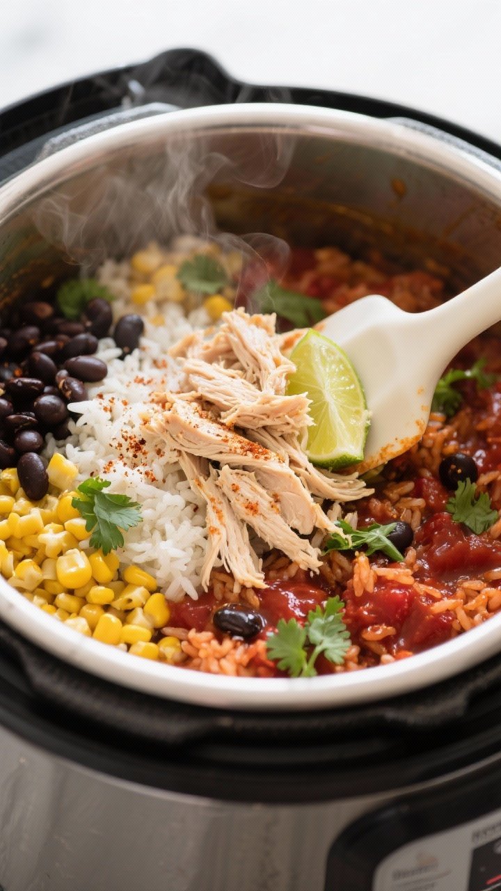 Cooking process close-up: Instant Pot chicken burrito bowl filling just after pressure cooking and s