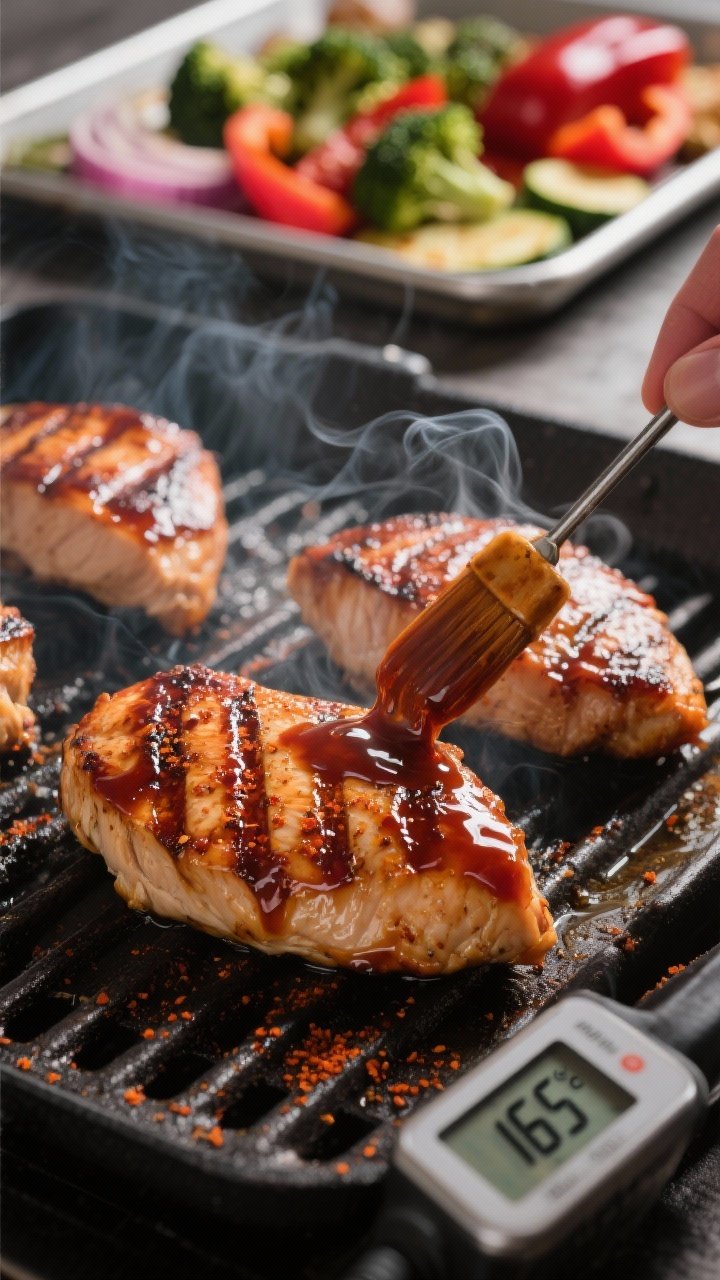 Cooking process close-up: Juicy BBQ chicken breasts on a preheated grill at medium-high heat, mid-co