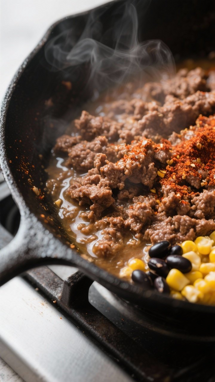 Cooking process close-up: Juicy, browned ground beef simmering in a skillet after seasoning, flecks 
