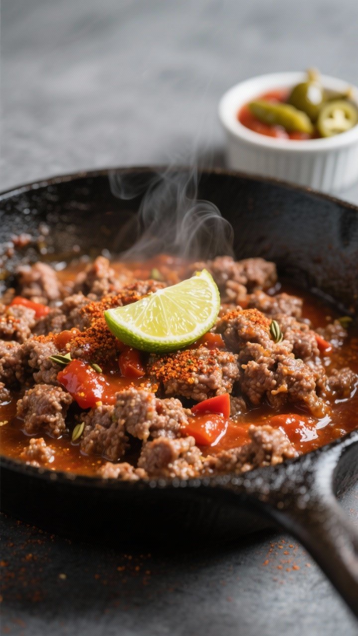 Cooking process close-up: Juicy seasoned ground beef sizzling in a dark cast-iron skillet, saucy not
