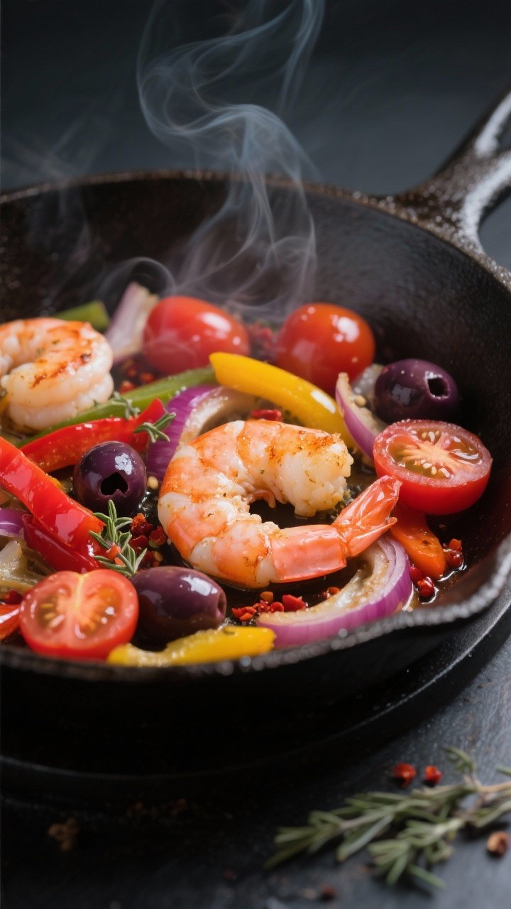 Cooking process close-up: Juicy shrimp searing in a wide cast-iron skillet, lightly browned edges an