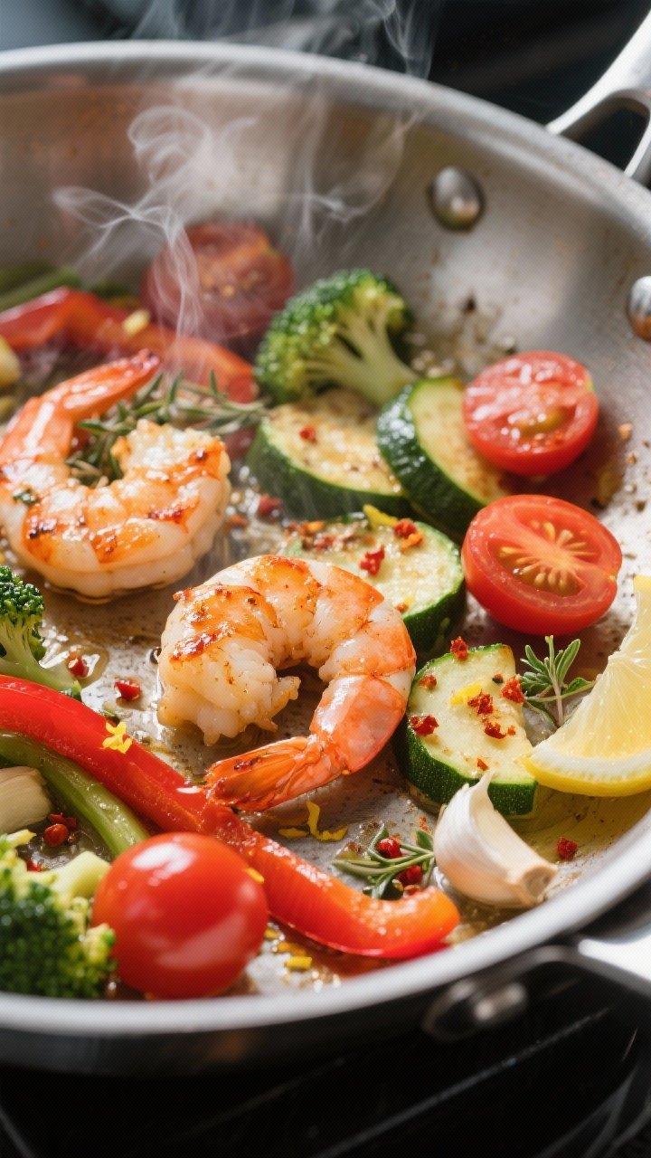 Cooking process close-up: Juicy shrimp searing in a stainless skillet with crisp-tender strips of re