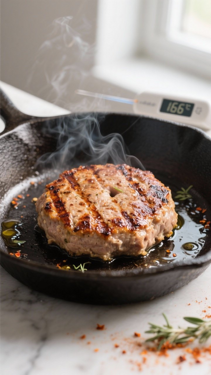 Cooking process close-up: Juicy turkey patties searing on a cast-iron skillet over medium-high heat,