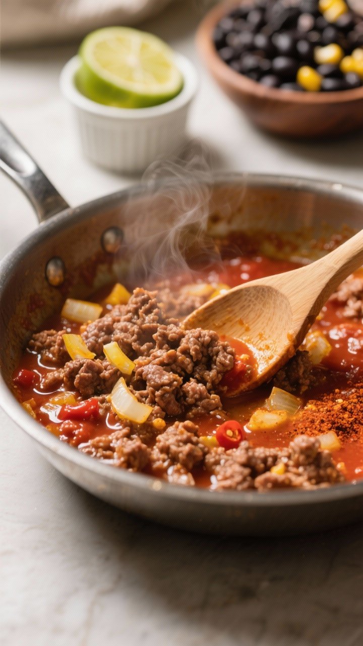 Cooking process close-up: Lean ground beef taco filling simmering in a wide stainless skillet, saucy