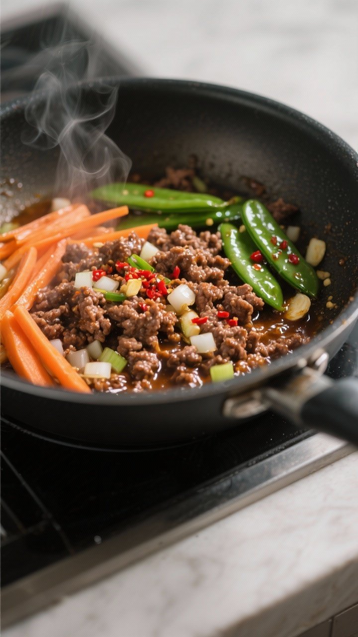 Cooking process close-up: Lean Korean-style ground beef sizzling in a nonstick skillet, glossy sauce