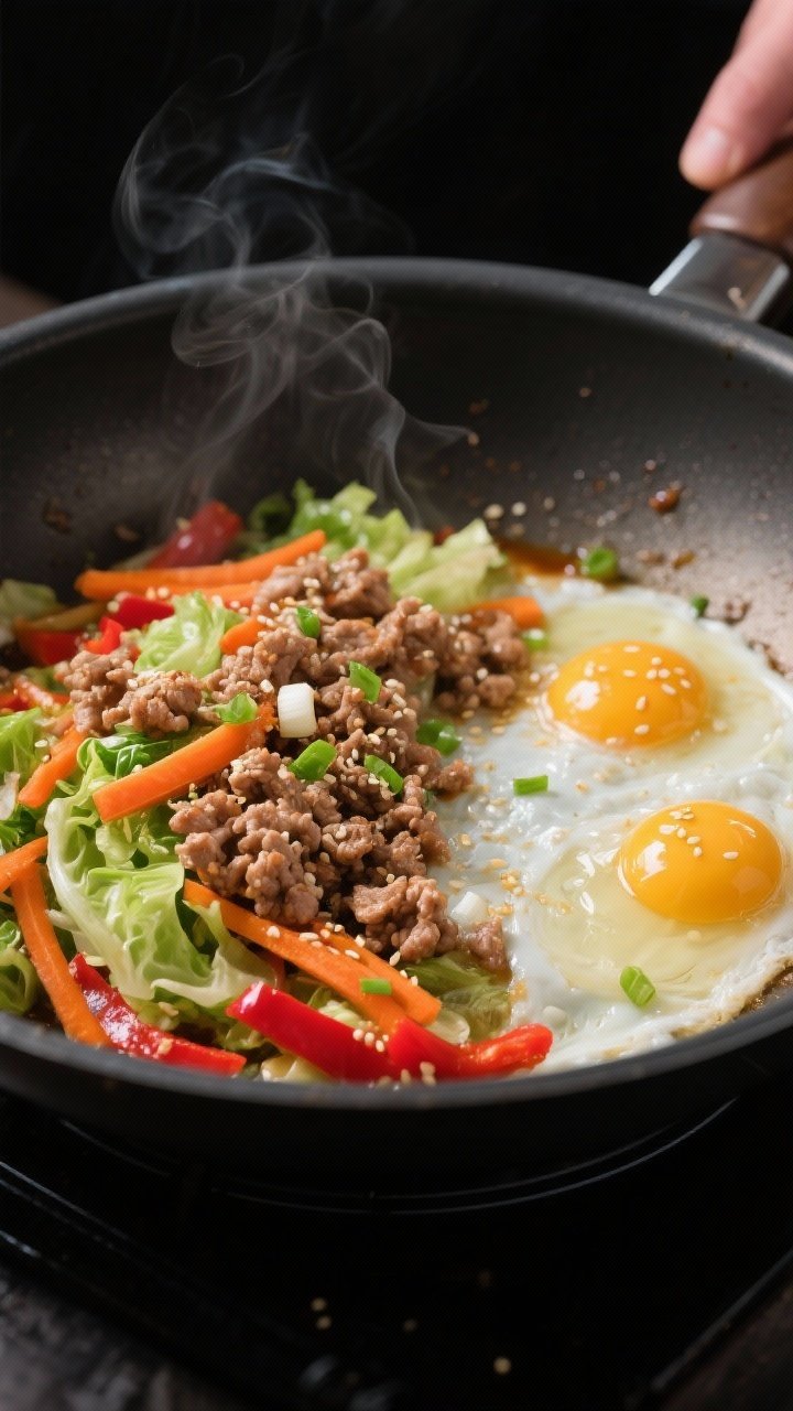 Cooking process — Close-up of a sizzling wok filled with browned lean ground turkey folded back in