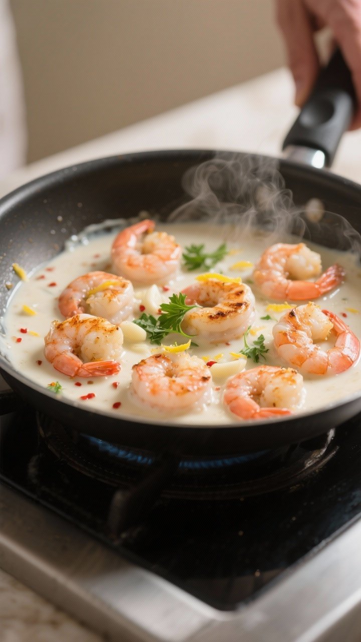 Cooking process — Close-up of seared shrimp finishing in a silky creamy garlic yogurt sauce in a n