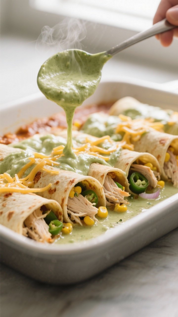 Cooking process close-up: Rolled green chile chicken and corn enchiladas being nestled seam-side dow