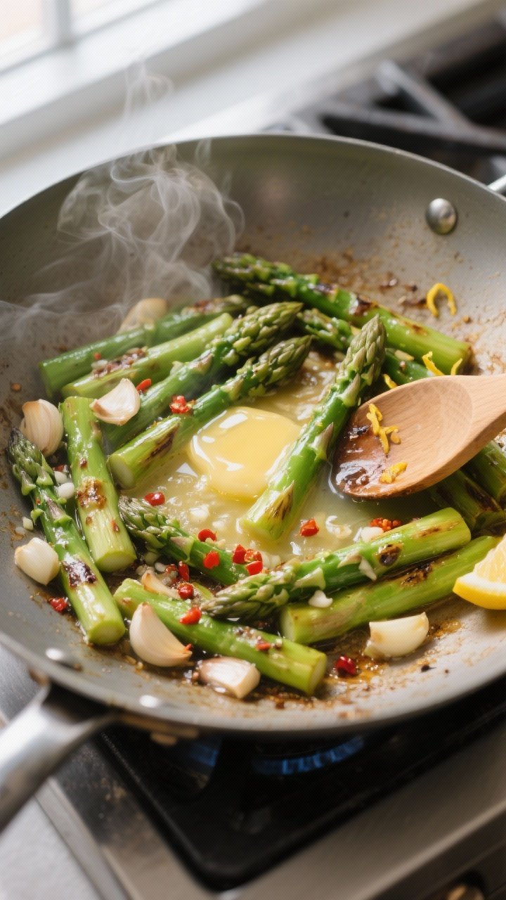 Cooking process close-up: Sautéed asparagus and garlic in a large stainless skillet at medium heat,