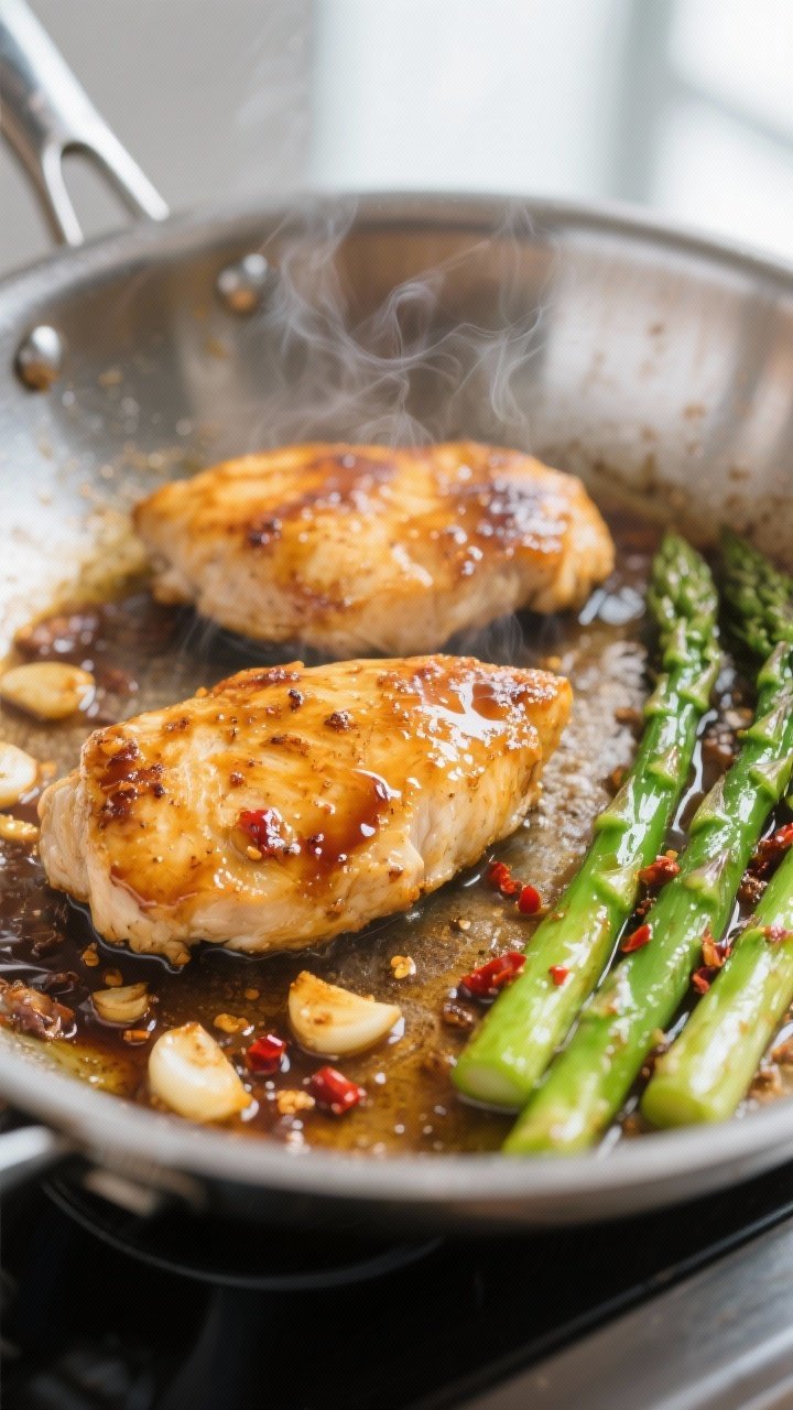 Cooking process, close-up sear: Close-up of golden-brown chicken cutlets sizzling in a stainless-ste