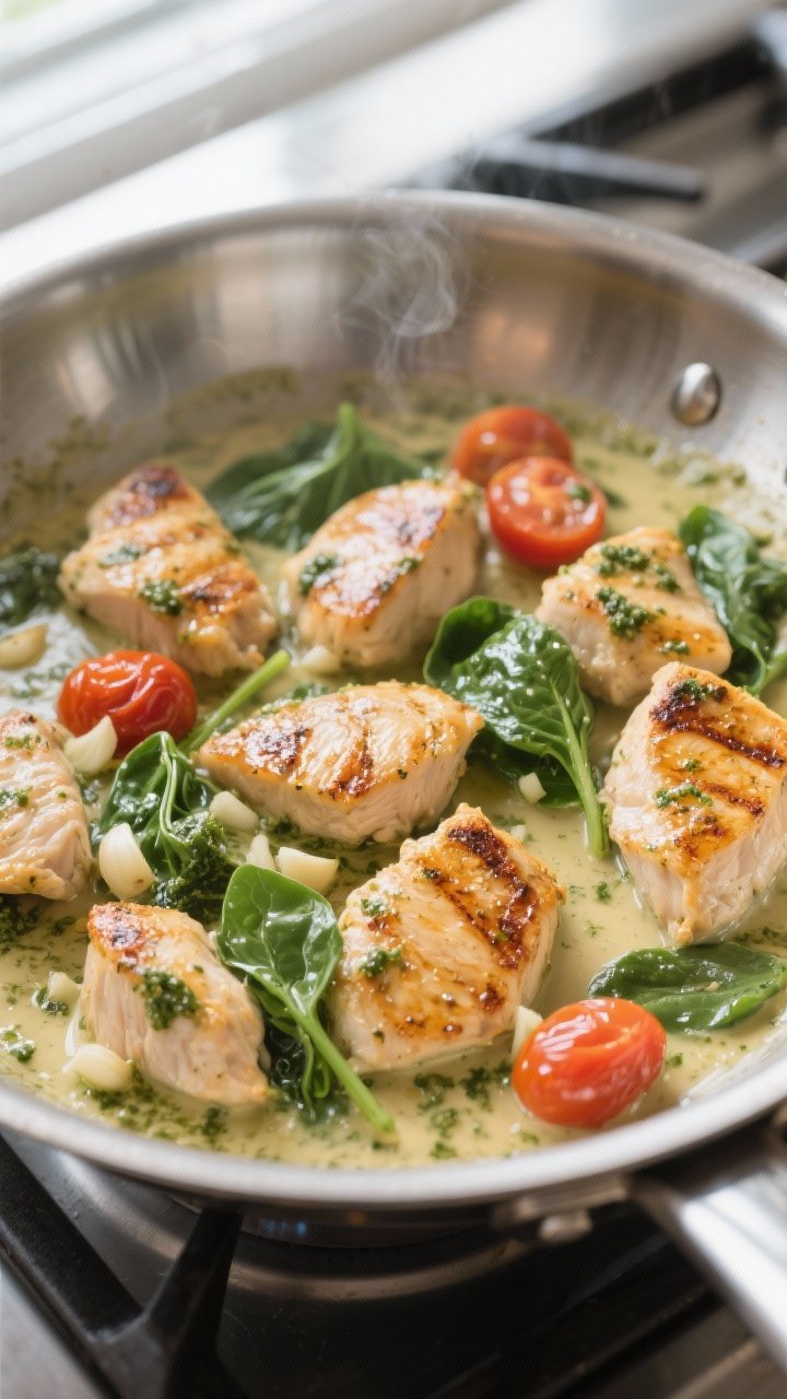 Cooking process close-up: Searing bite-size chicken pieces in a wide stainless-steel skillet, golden