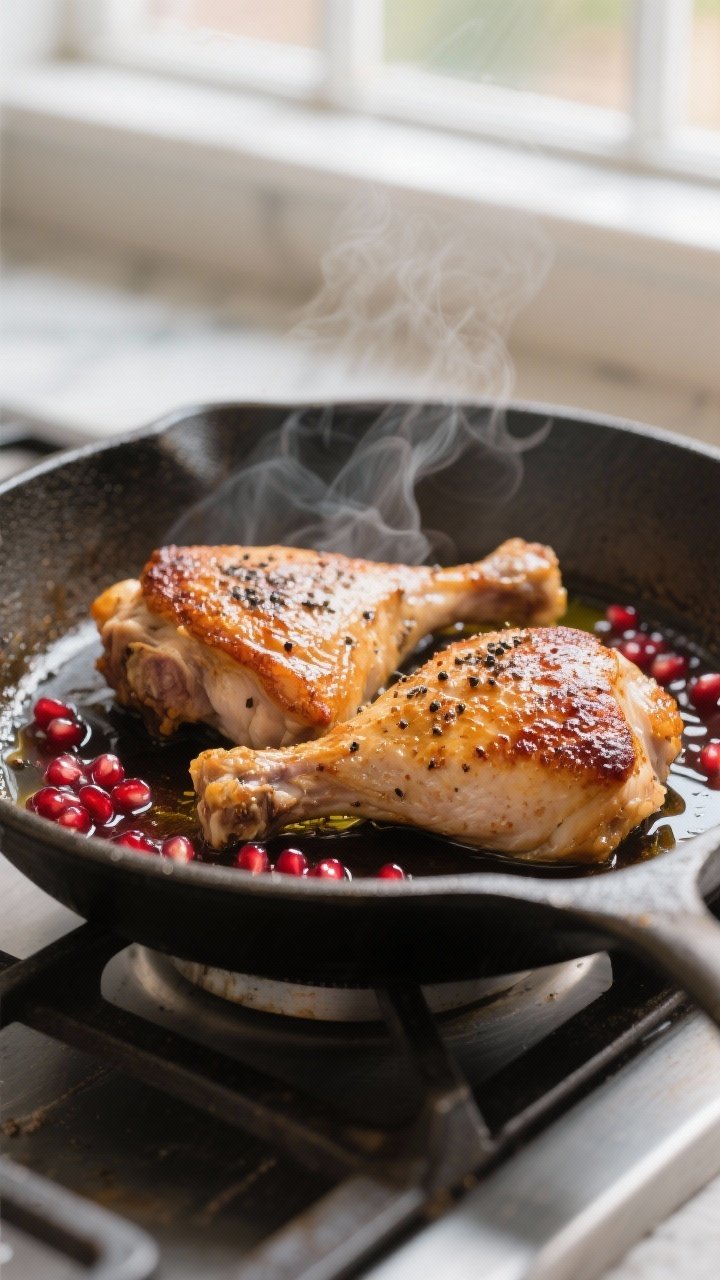 Cooking process close-up: Searing bone-in, skin-on chicken thighs in a large oven-safe skillet, skin