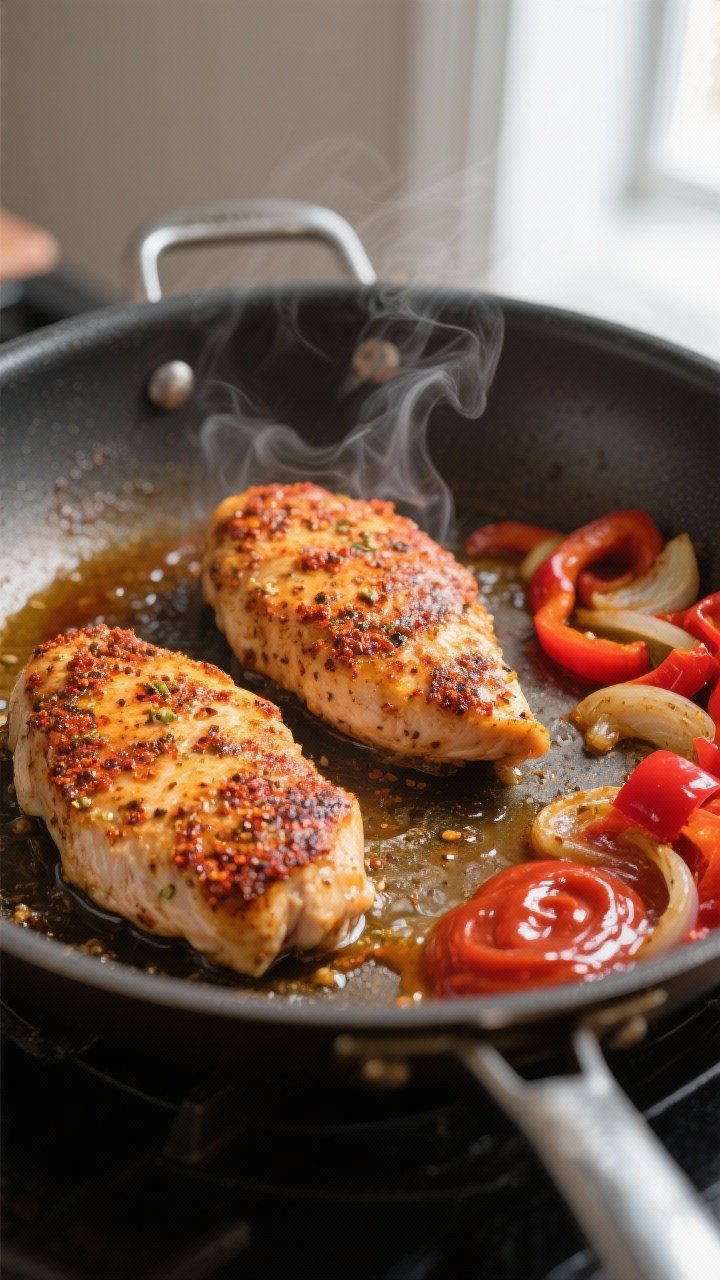 Cooking process close-up: Searing Cajun-seasoned chicken cutlets in a large stainless skillet, golde