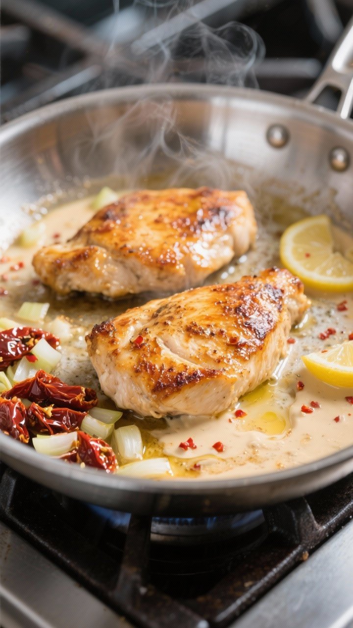 Cooking process, close-up: Searing chicken cutlets in a wide stainless-steel skillet, golden-brown c