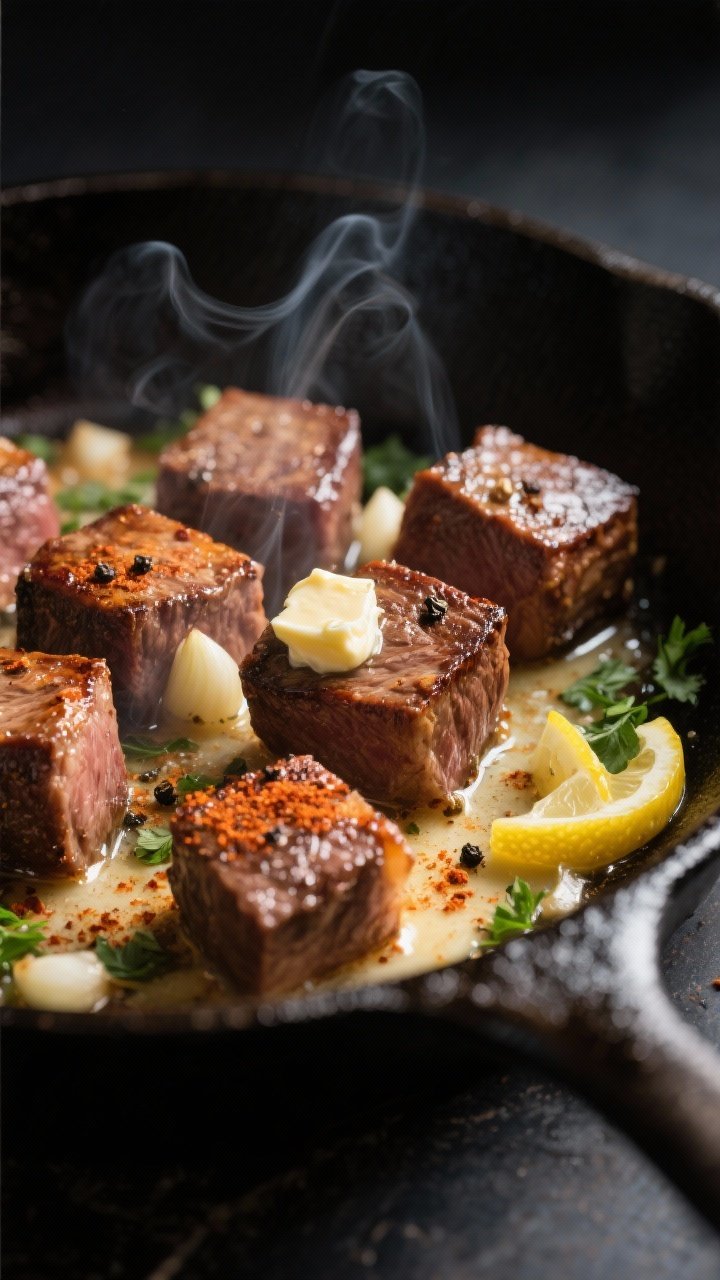 Cooking process close-up: Searing garlic butter steak bites in a preheated cast-iron skillet, tight
