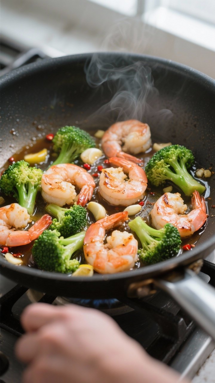 Cooking process close-up: Searing garlic shrimp and broccoli in a large skillet, shrimp just turned