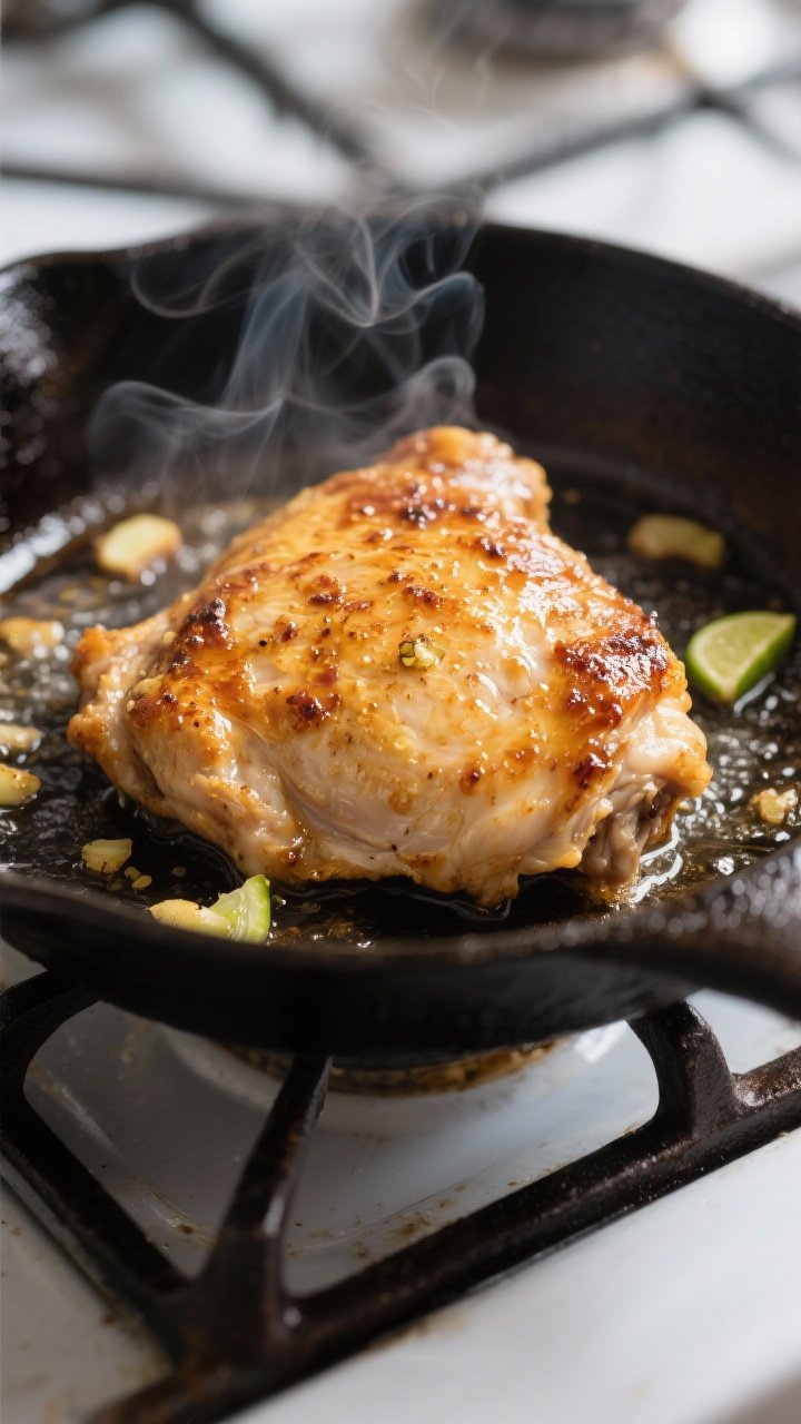 Cooking process close-up: Searing ginger-lime marinated chicken thighs skin-side down in a preheated
