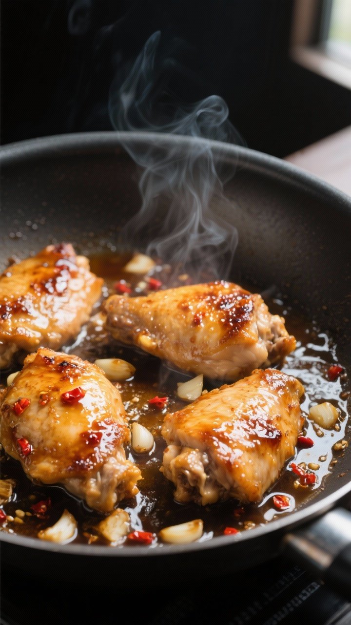 Cooking process close-up: Searing honey-garlic chicken thighs in a wide stainless skillet, mid-cook,