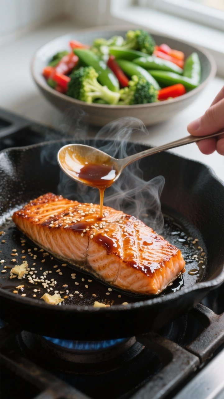 Cooking process close-up: Searing salmon fillets skin-side down in a dark cast-iron skillet, skin cr