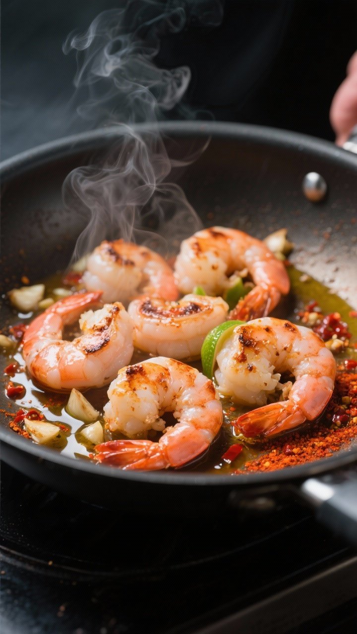 Cooking process close-up: Searing spicy shrimp in a large skillet over medium-high heat, shrimp coat