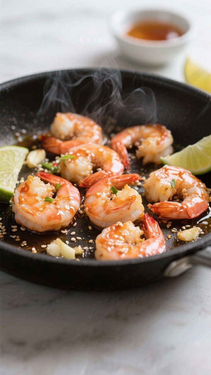 Cooking process close-up: Searing sweet-and-spicy glazed shrimp in a large black skillet over medium