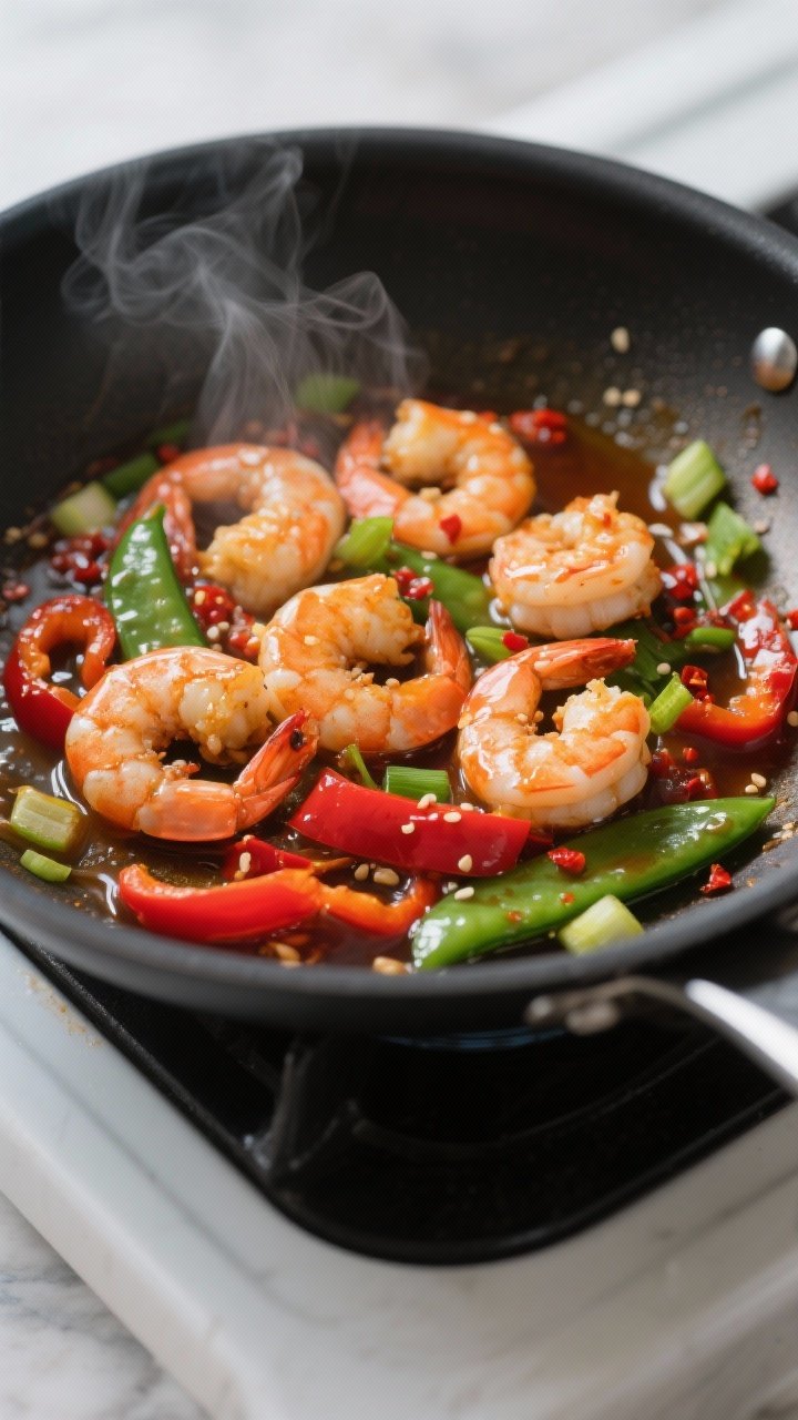 Cooking process close-up: Searing sweet chili shrimp in a large nonstick skillet, shrimp just turnin
