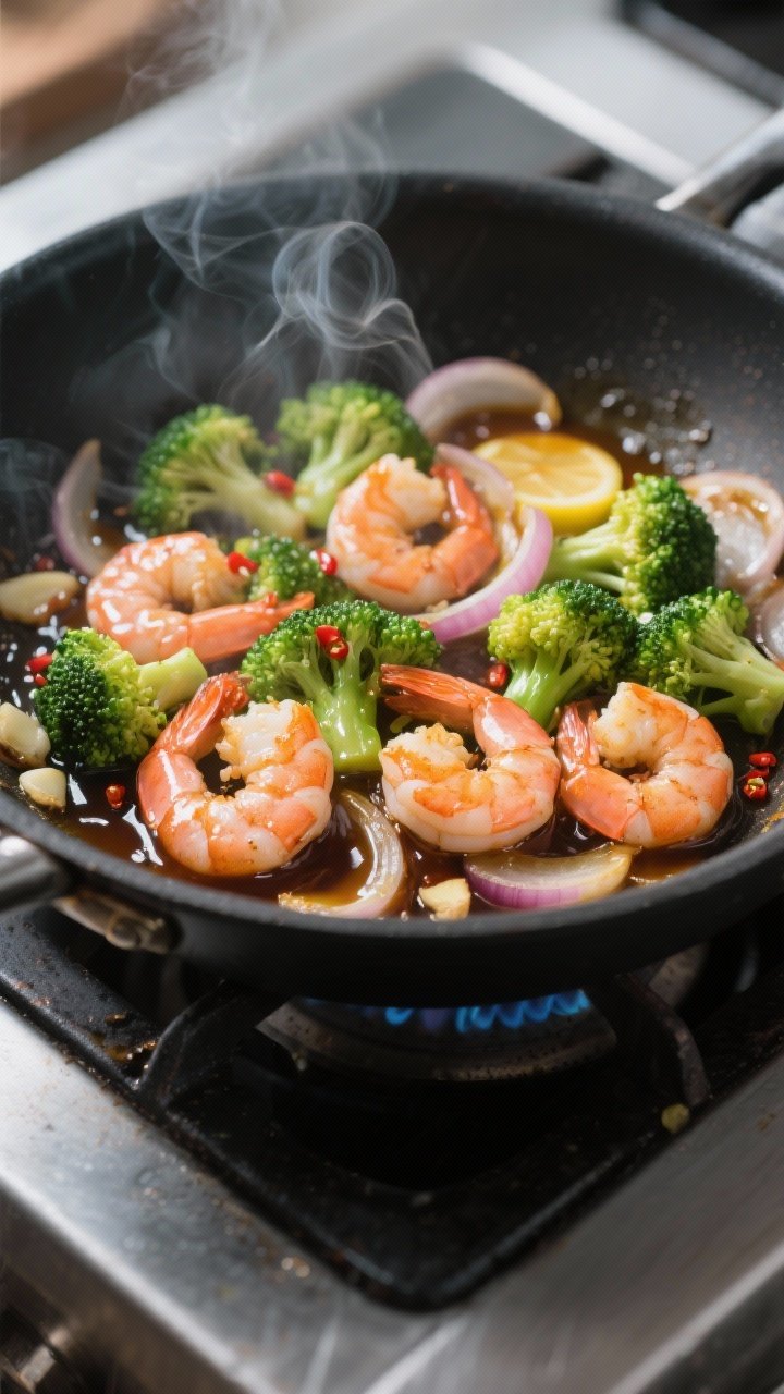 Cooking process close-up: Shrimp & broccoli sizzling in a large black skillet over medium-high heat,