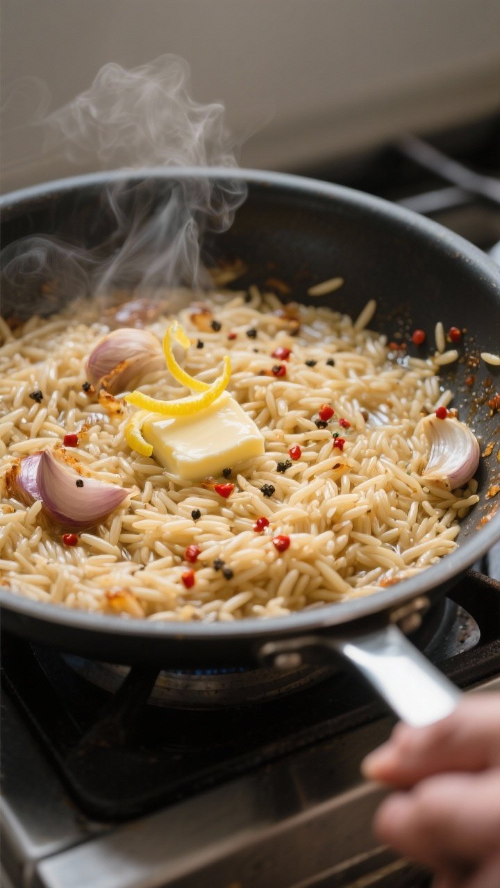 Cooking process close-up: Silky orzo toasting and simmering in a wide stainless skillet with browned