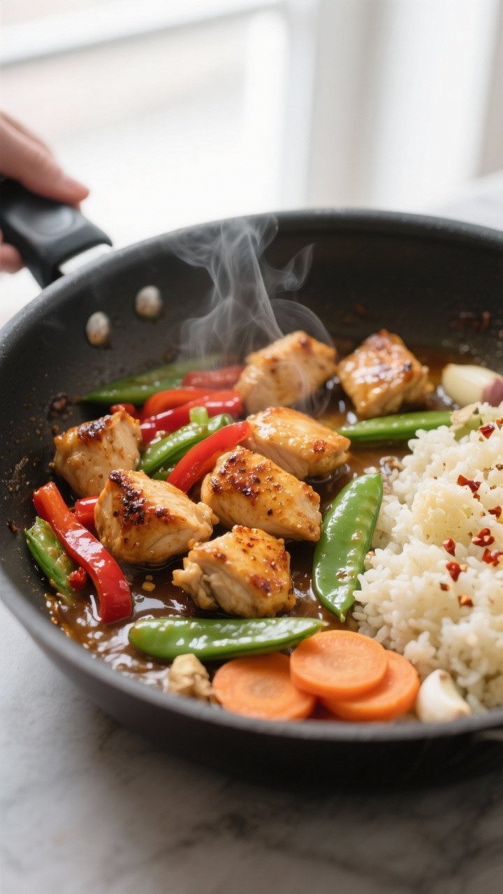 Cooking process, close-up: Sizzling bite-size chicken pieces searing in a wide stainless skillet, go