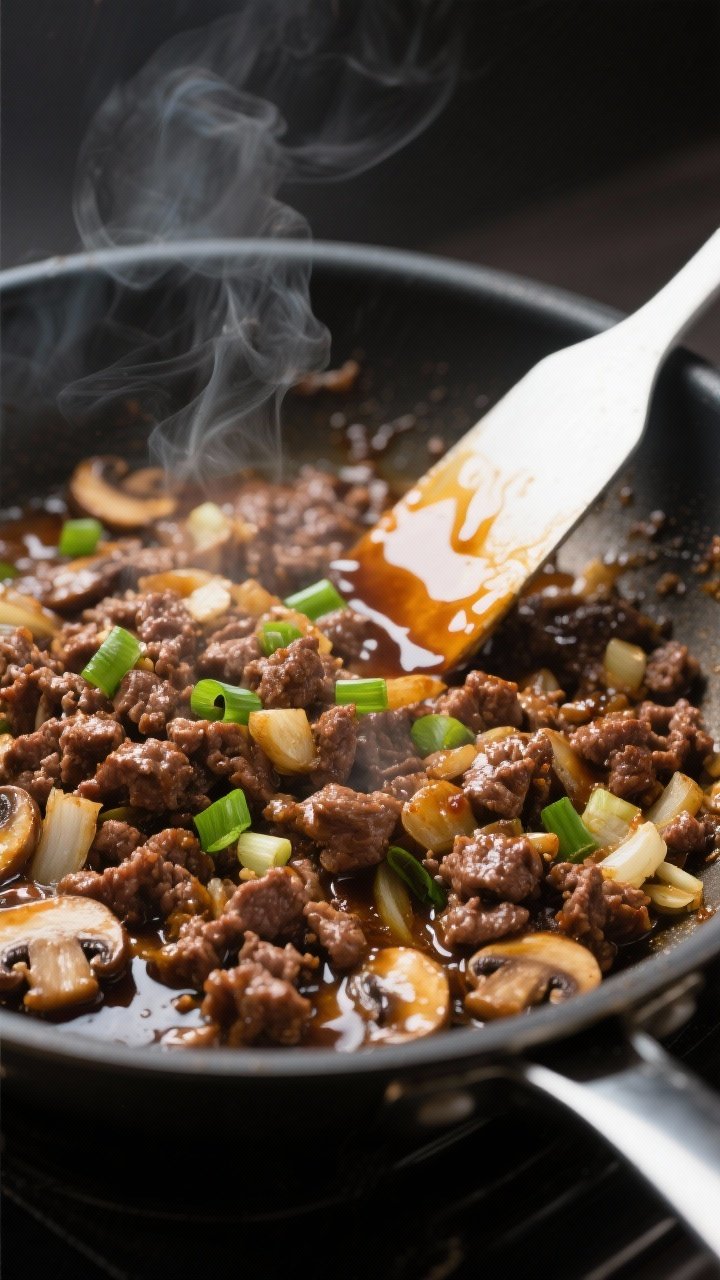 Cooking process close-up: Sizzling ground beef and finely chopped mushrooms browning in a wide stain