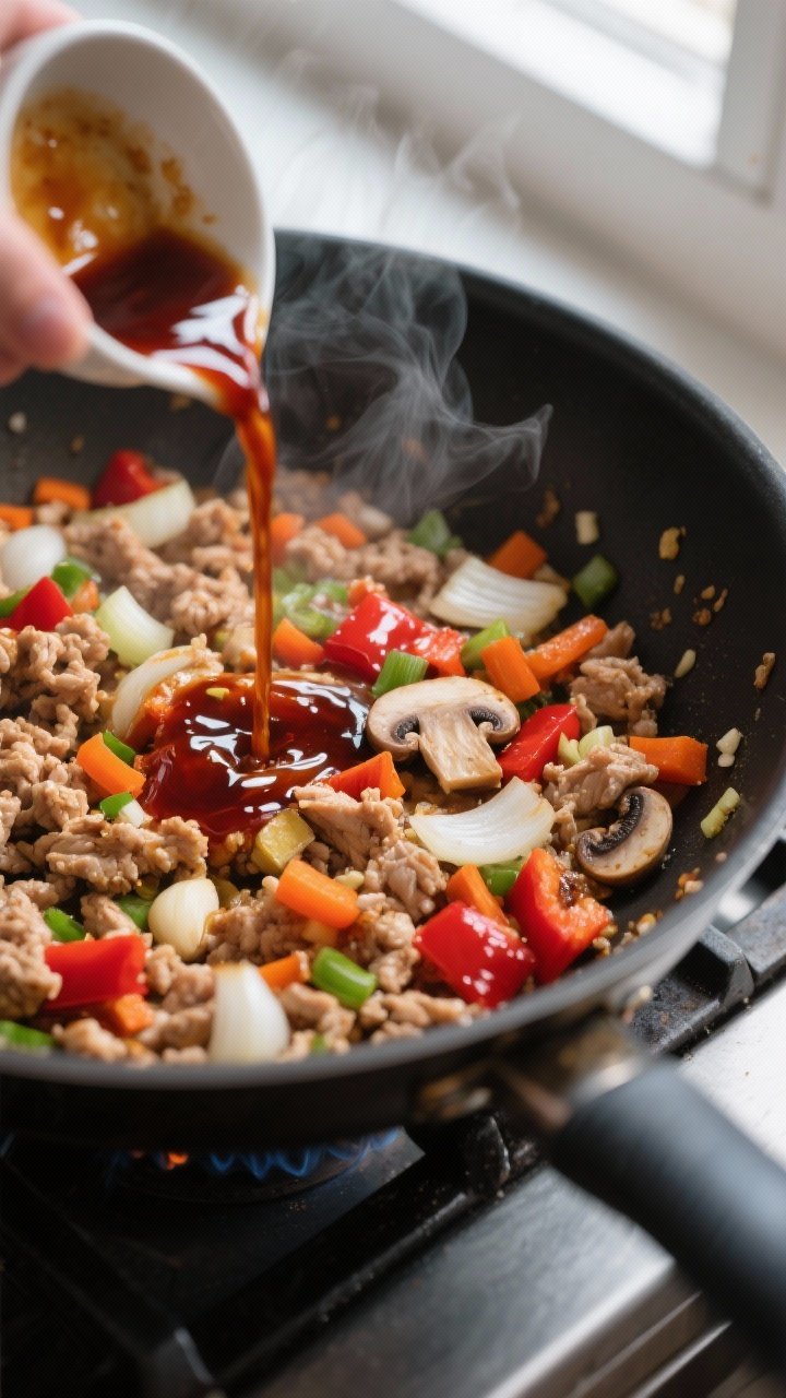 Cooking process close-up: Sizzling ground chicken and diced vegetables (onion, red bell pepper, carr