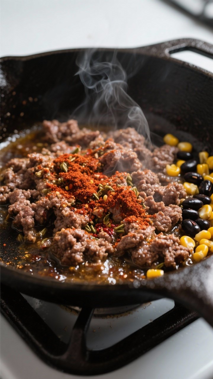 Cooking process close-up: Sizzling seasoned lean ground beef in a cast-iron skillet over medium-high