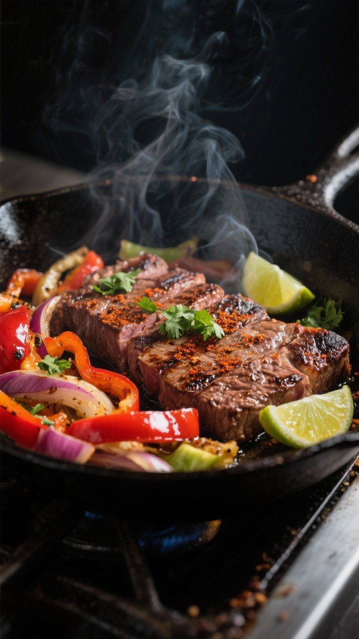 Cooking process close-up: Sizzling steak fajita strips searing in a ripping-hot cast-iron skillet, d