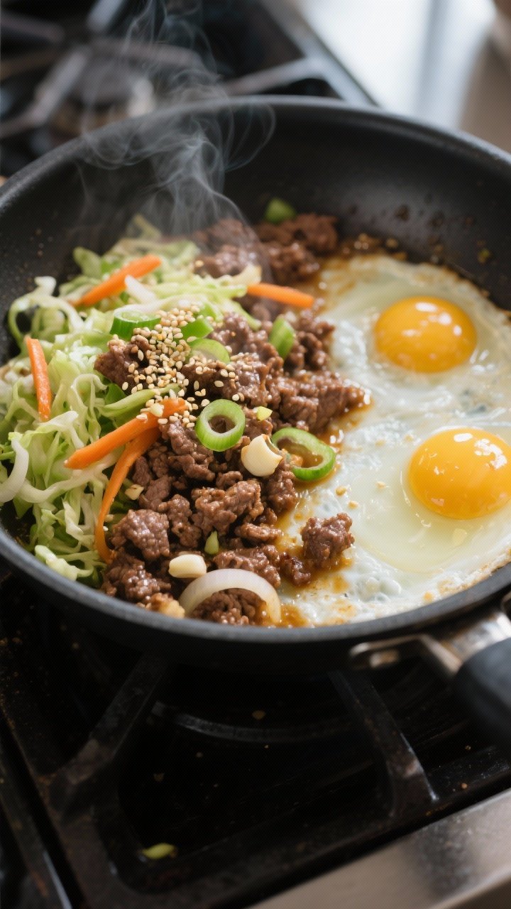 Cooking process, close-up skillet action: Close-up of sizzling beef egg roll in a bowl mid-cook in a