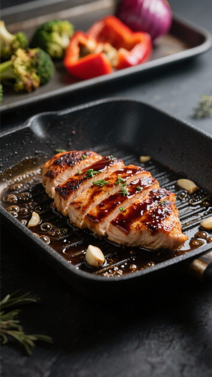 Cooking process close-up: Sliced balsamic chicken cutlets searing in a preheated grill pan, deep mah