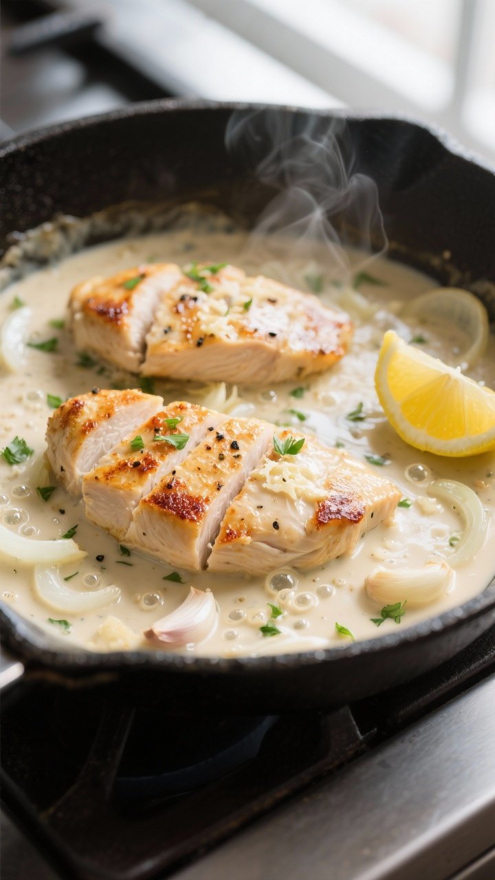 Cooking process close-up: Sliced chicken cutlets simmering in a skillet of creamy garlic sauce, gold