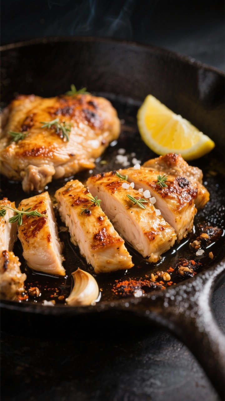 Cooking process close-up: Sliced, golden-browned marinated chicken thighs sizzling in a cast-iron sk