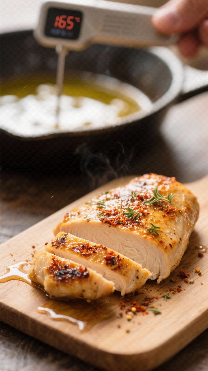 Cooking process close-up: Sliced, golden-seared chicken breast resting on a wooden cutting board rig