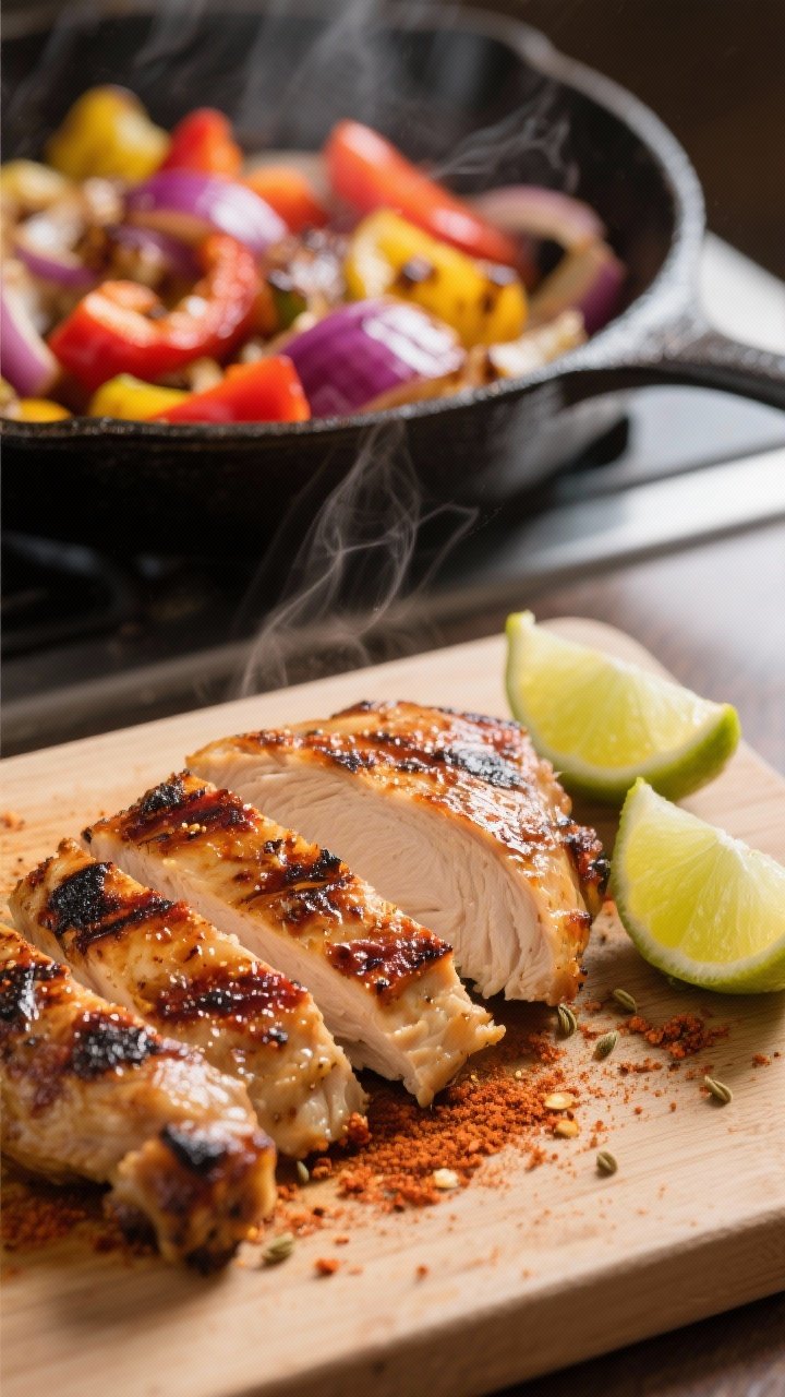 Cooking process close-up: Sliced grilled chicken thighs being rested and juiced with fresh lime on a