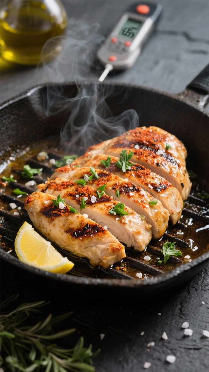Cooking process close-up: Sliced Mediterranean chicken just off the grill pan, juices glistening, wi