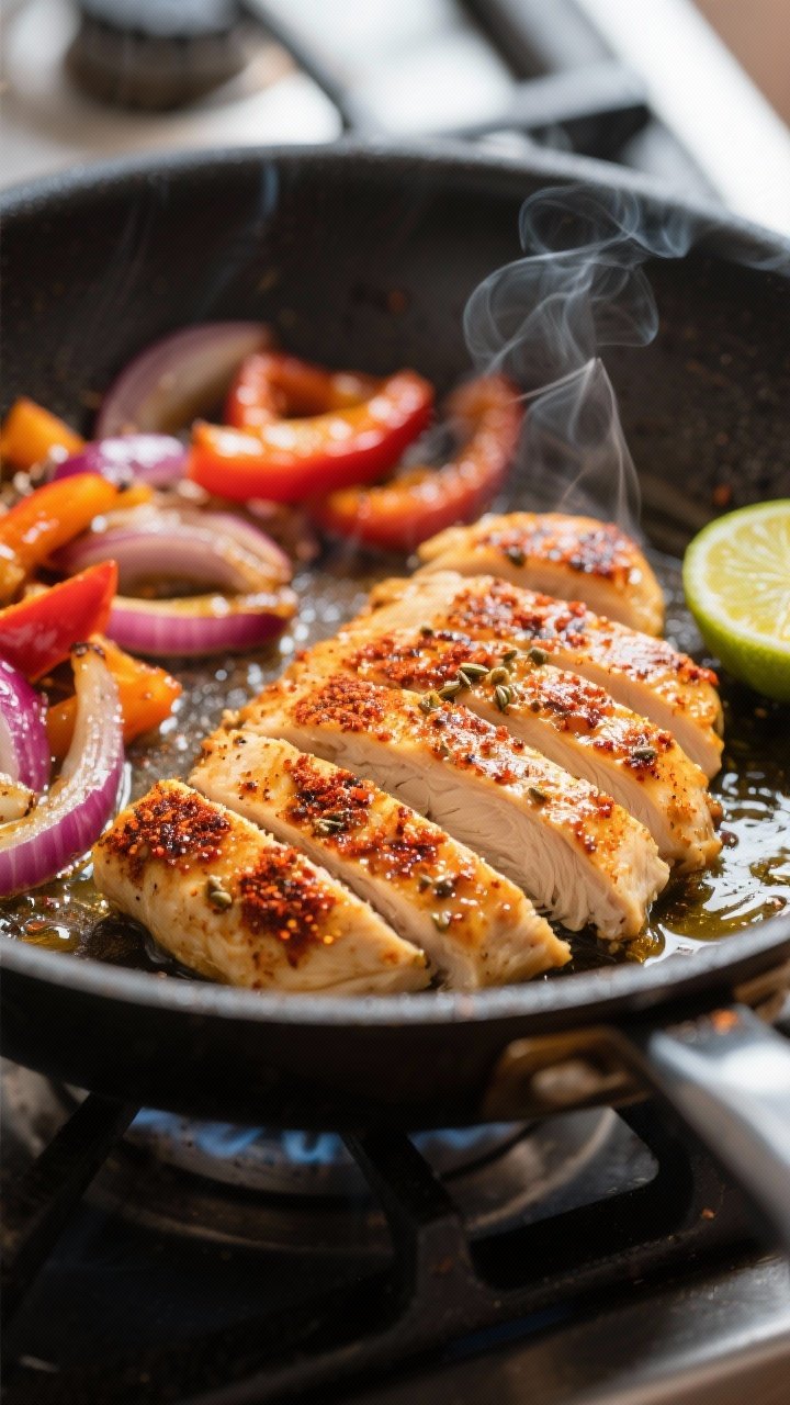 Cooking process close-up: Sliced, spice-rubbed chicken searing in a heavy skillet, golden-brown crus