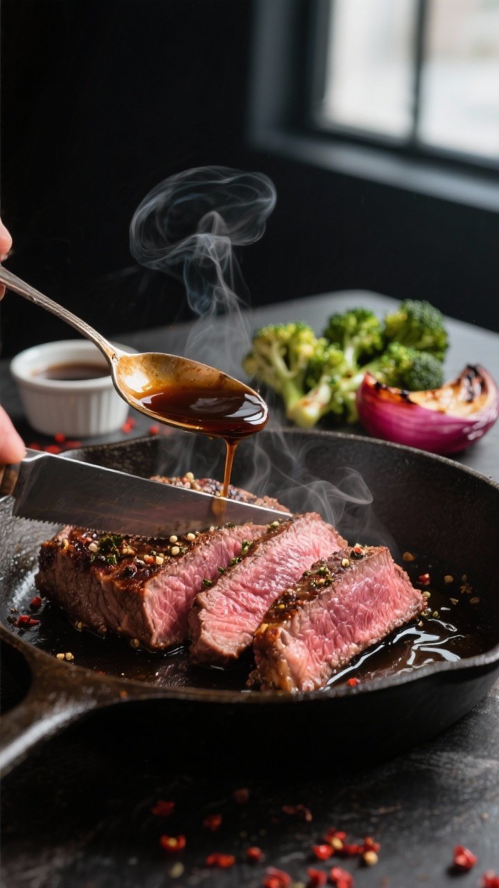 Cooking process close-up: Slicing medium-rare flank steak just after resting, thin slices cut agains