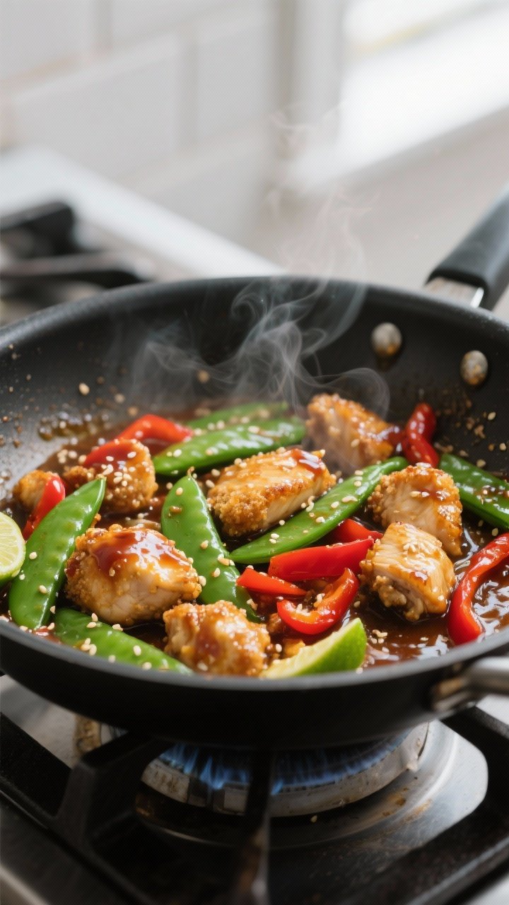 Cooking process close-up: Sweet chili chicken sizzling in a large skillet, bite-size thigh pieces li